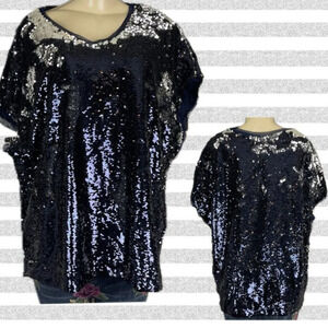 Roaman's 16W Navy Blue Metallic Changing Sequin V-Neck Lined Short Sleeve Blouse